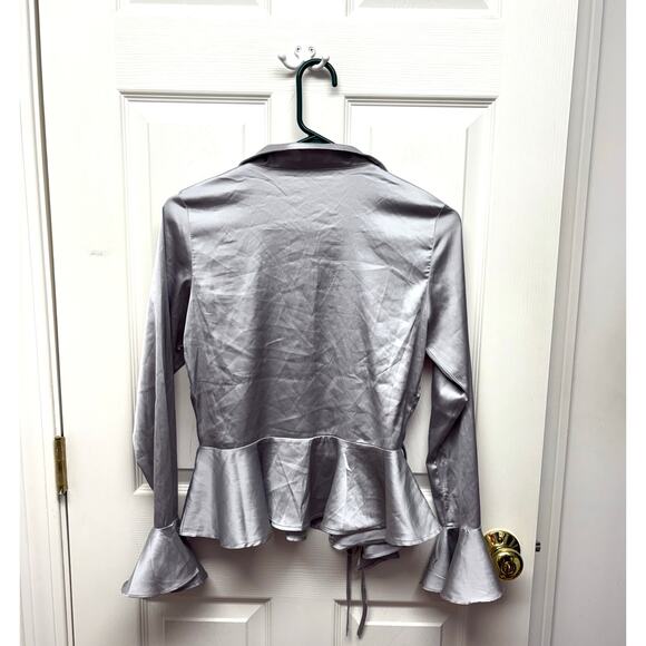 Pomelo Satin Blouse, Gray Wrap Shirt, Peplum, Bell Sleeves, Women's Size S - Picture 2 of 7